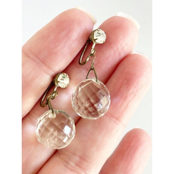 Vintage Art Deco Clear Faceted Crystal Orb Screw Back Dangle Earrings - Picture 2 of 4